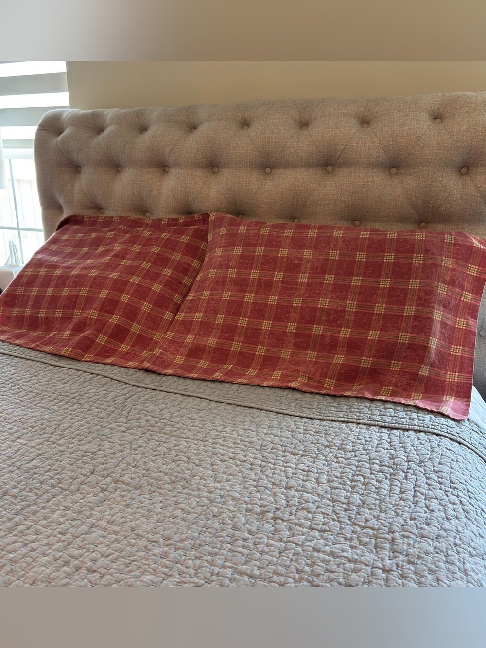 Set of 2 Vintage Red and Khaki Plaid Cotton Pillow Shams